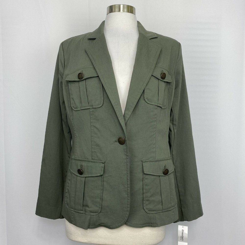 Dressbarn Womens L NEW $42 Jacket Green Pockets Stretch Etched buttons #M